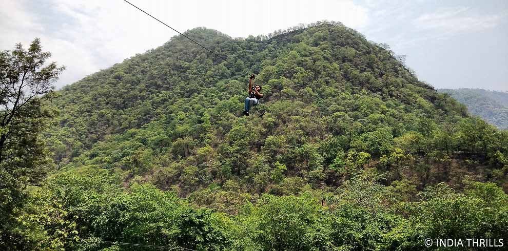 Girl performing zipline adventure near Shivpuri