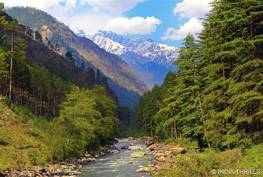 Green meadows with river in kheerganga valley